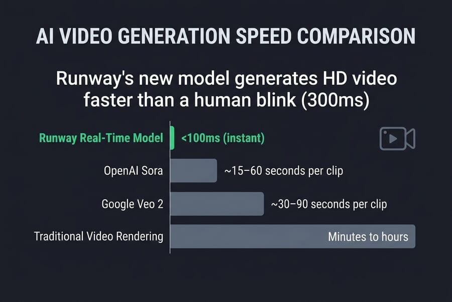 Infographic comparing AI video generation speeds across Runway, Sora, Veo, and traditional rendering