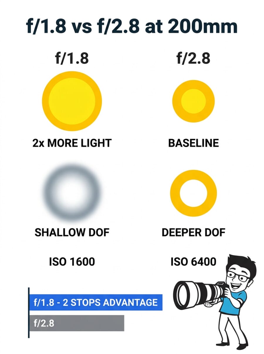 Infographic comparing 200mm f/1.8 vs f/2.8 - depth of field and low-light advantages
