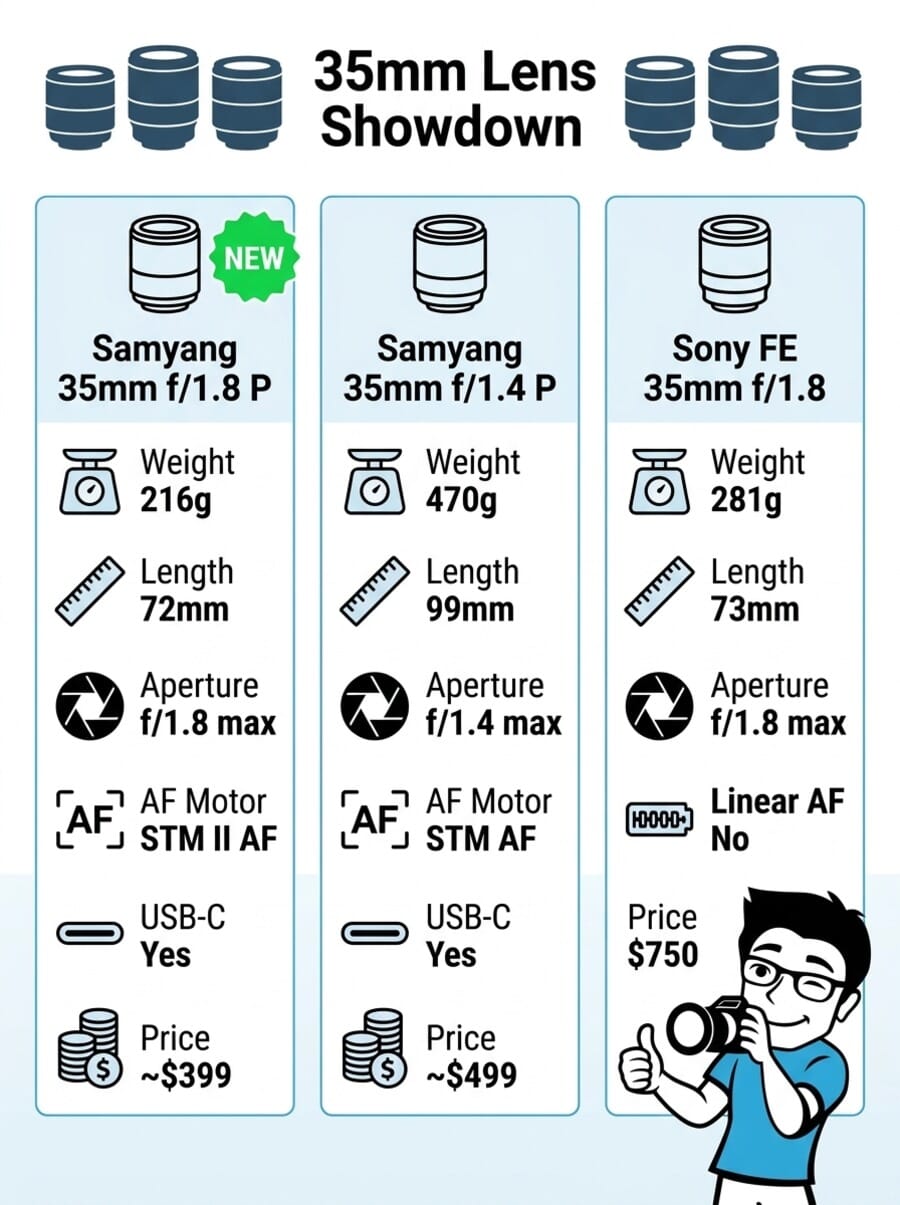 Infographic comparing the Samyang 35mm f/1.8 P FE vs Samyang 35mm f/1.4 P FE vs Sony FE 35mm f/1.8 - specs, weight, price