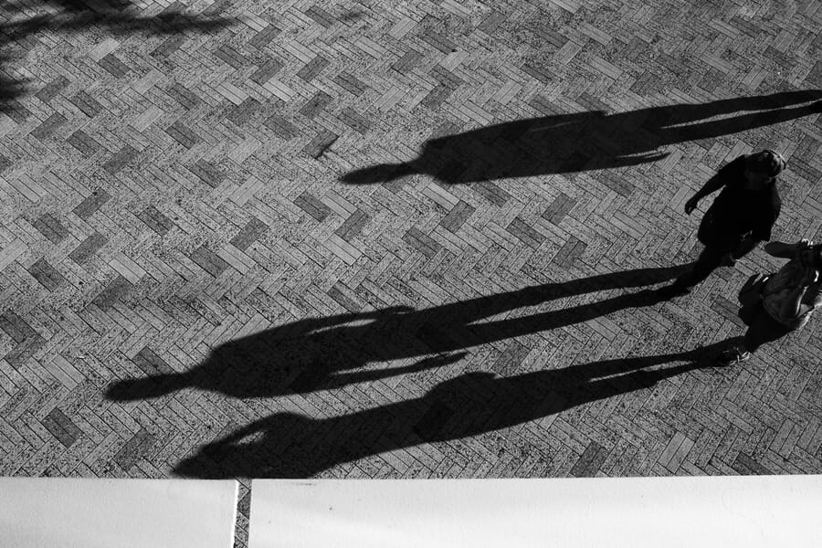 Black and white photograph with strong shadow elements