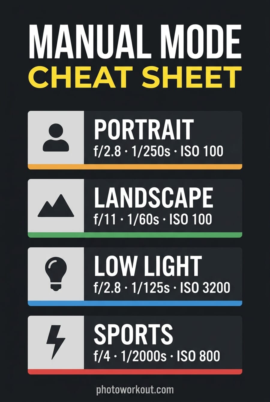 Manual Mode Cheat Sheet vertical infographic — portrait, landscape, low light, sports scenarios with f-stop, shutter speed, and ISO values