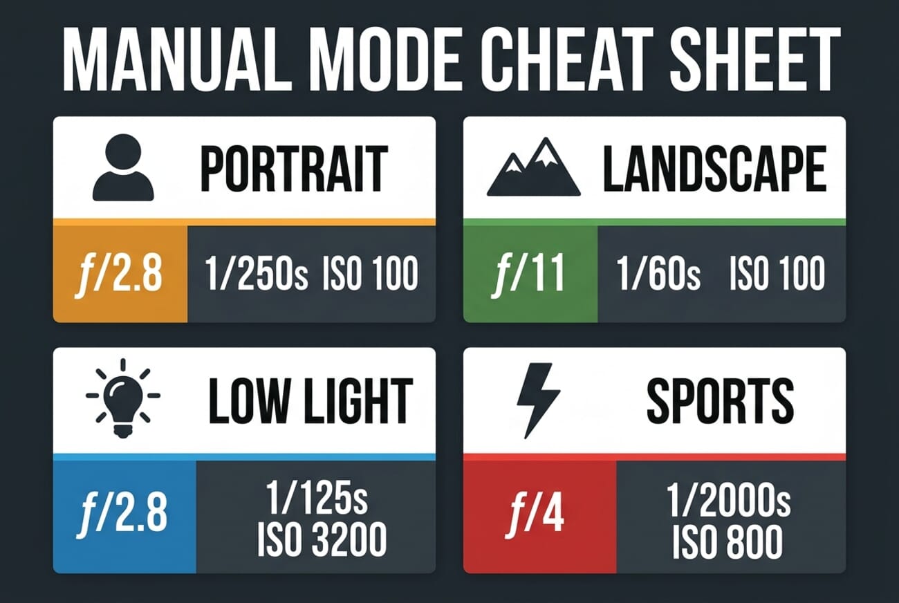 Manual mode cheat sheet showing baseline camera settings for portrait, landscape, low light, and sports scenarios