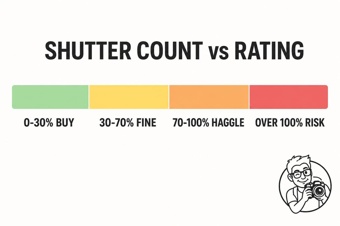 Shutter count vs rating decision gauge: 0-30% buy, 30-70% fine, 70-100% haggle, over 100% risk