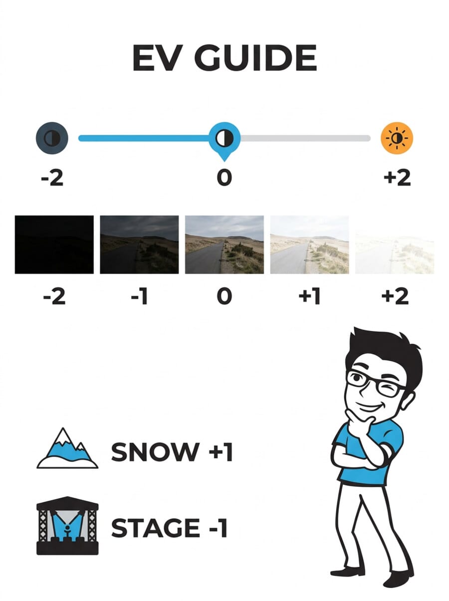 EV compensation guide showing slider from -2 to +2 with exposure examples