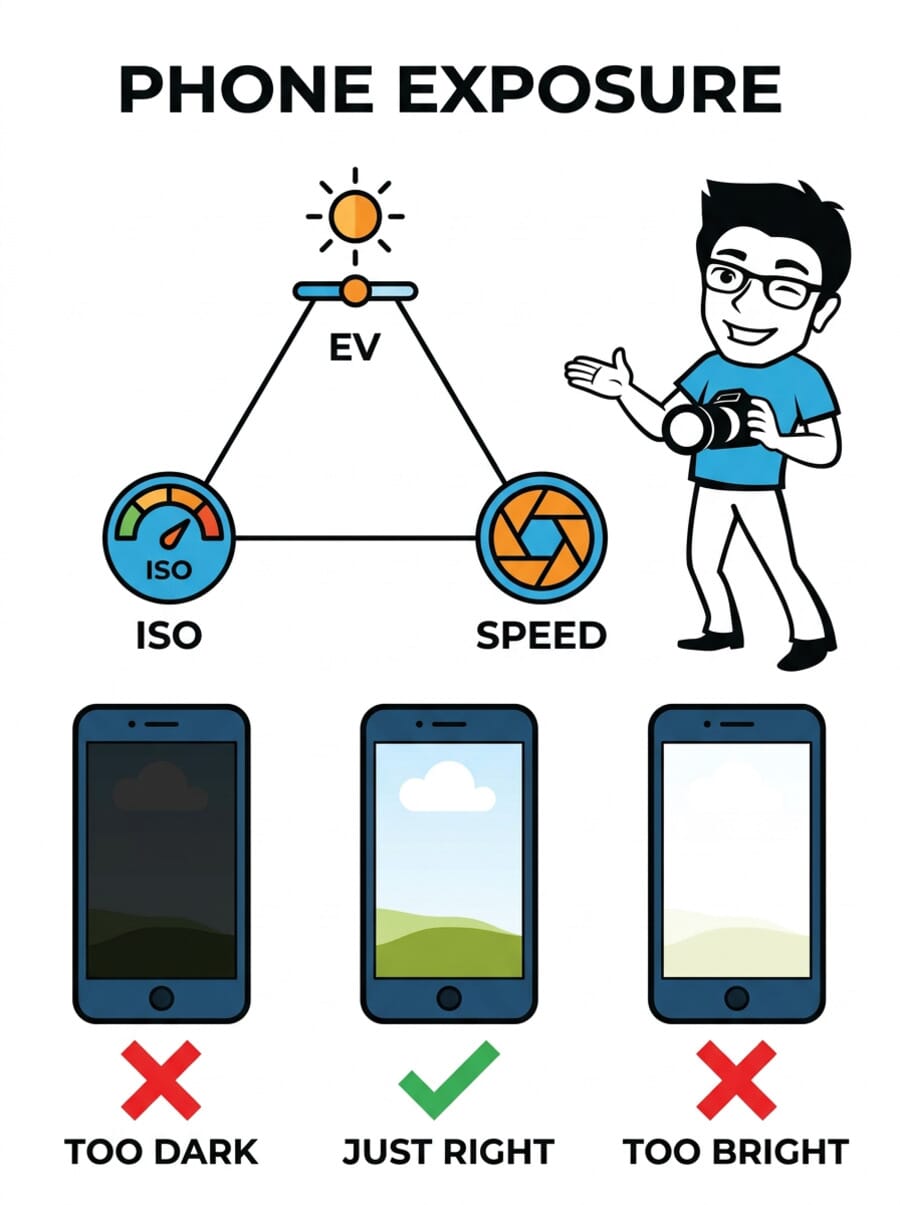 Smartphone exposure triangle infographic showing EV, ISO, and shutter speed controls