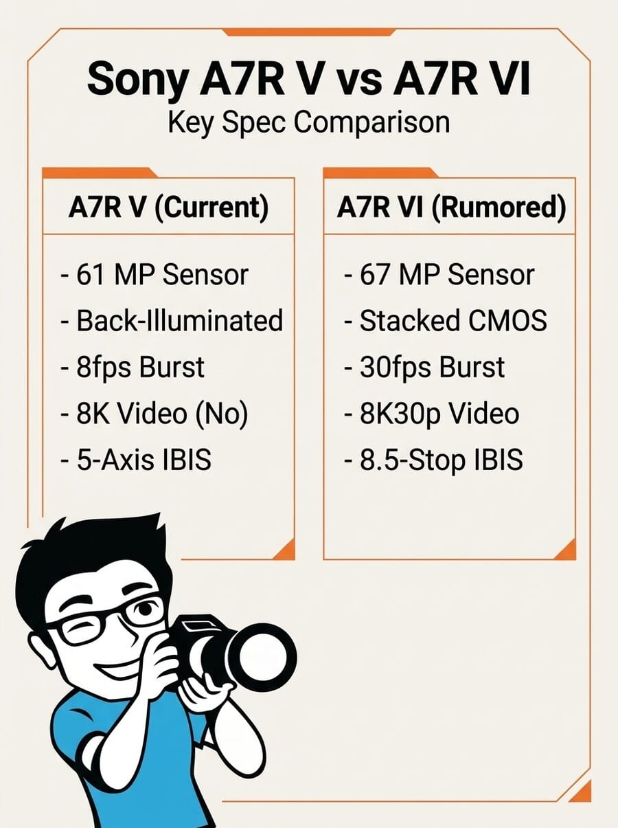 Infographic comparing Sony A7R V confirmed specs versus rumored A7R VI specs including 67MP sensor and 30fps burst