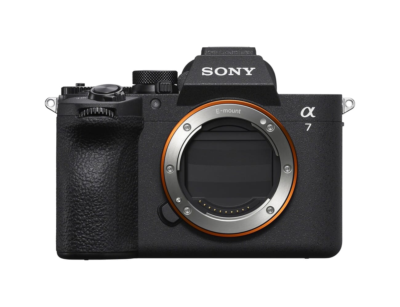 Sony Alpha 7 V front angle view showing the E-mount and grip design