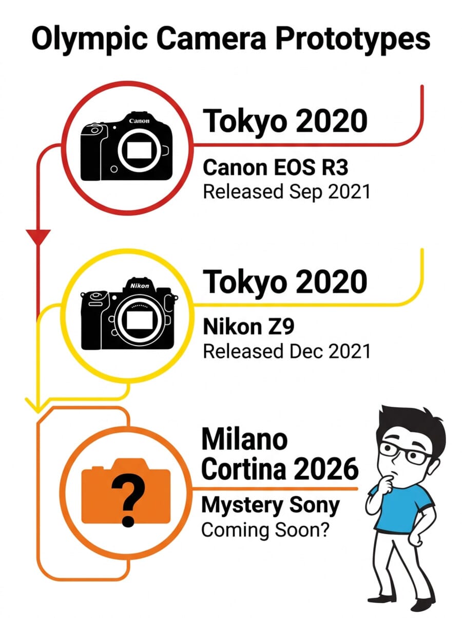 Infographic timeline showing camera prototypes tested at the Olympics - Canon R3 and Nikon Z9 at Tokyo 2020, mystery Sony at Milano Cortina 2026