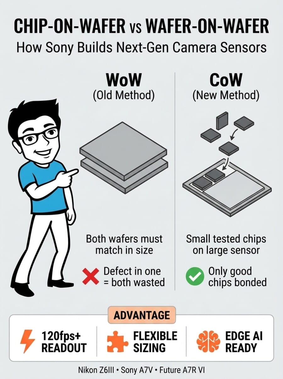 Infographic comparing Chip-on-Wafer (CoW) and Wafer-on-Wafer (WoW) sensor bonding methods for camera image sensors