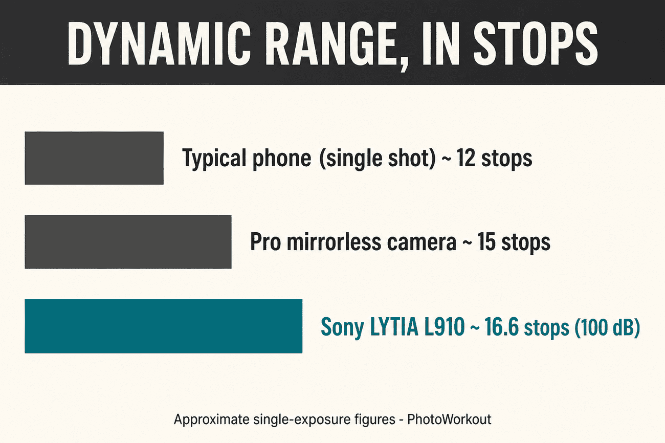 Bar chart comparing single-exposure dynamic range: typical phone about 12 stops, pro mirrorless camera about 15 stops, Sony LYTIA L910 about 16.6 stops (100 dB)