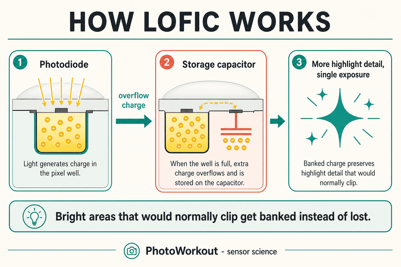 Diagram of how LOFIC works: light fills the photodiode well, overflow charge is stored in an adjacent capacitor, preserving highlight detail in a single exposure