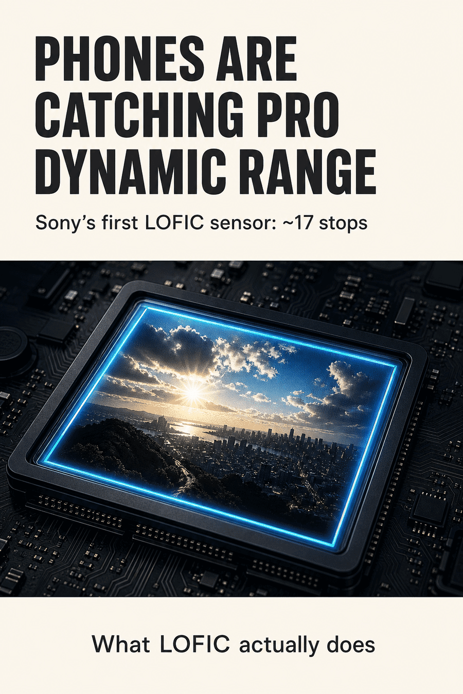 Vertical graphic: phones are catching pro dynamic range, Sony's first LOFIC sensor reaches about 17 stops, what LOFIC actually does