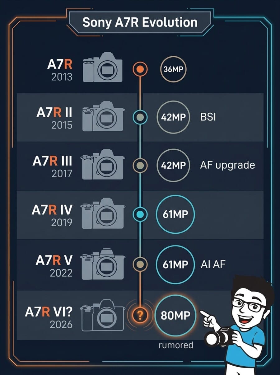 Sony A7R series evolution timeline from A7R (2013, 36MP) through A7R V (2022, 61MP) to the rumored A7R VI (2026, 80MP)