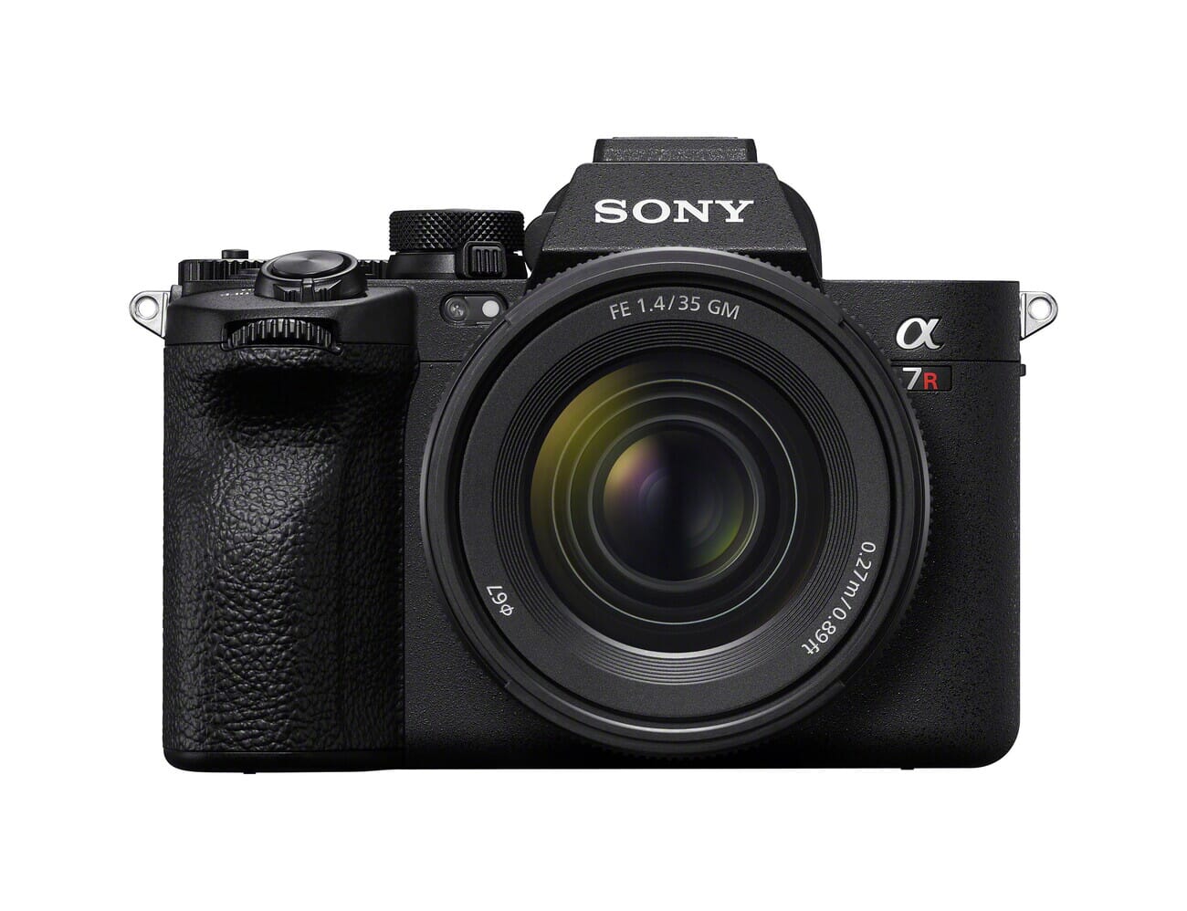 Sony A7R V front view with 35mm f/1.4 GM lens - the current resolution king that the rumored A7R VI would succeed