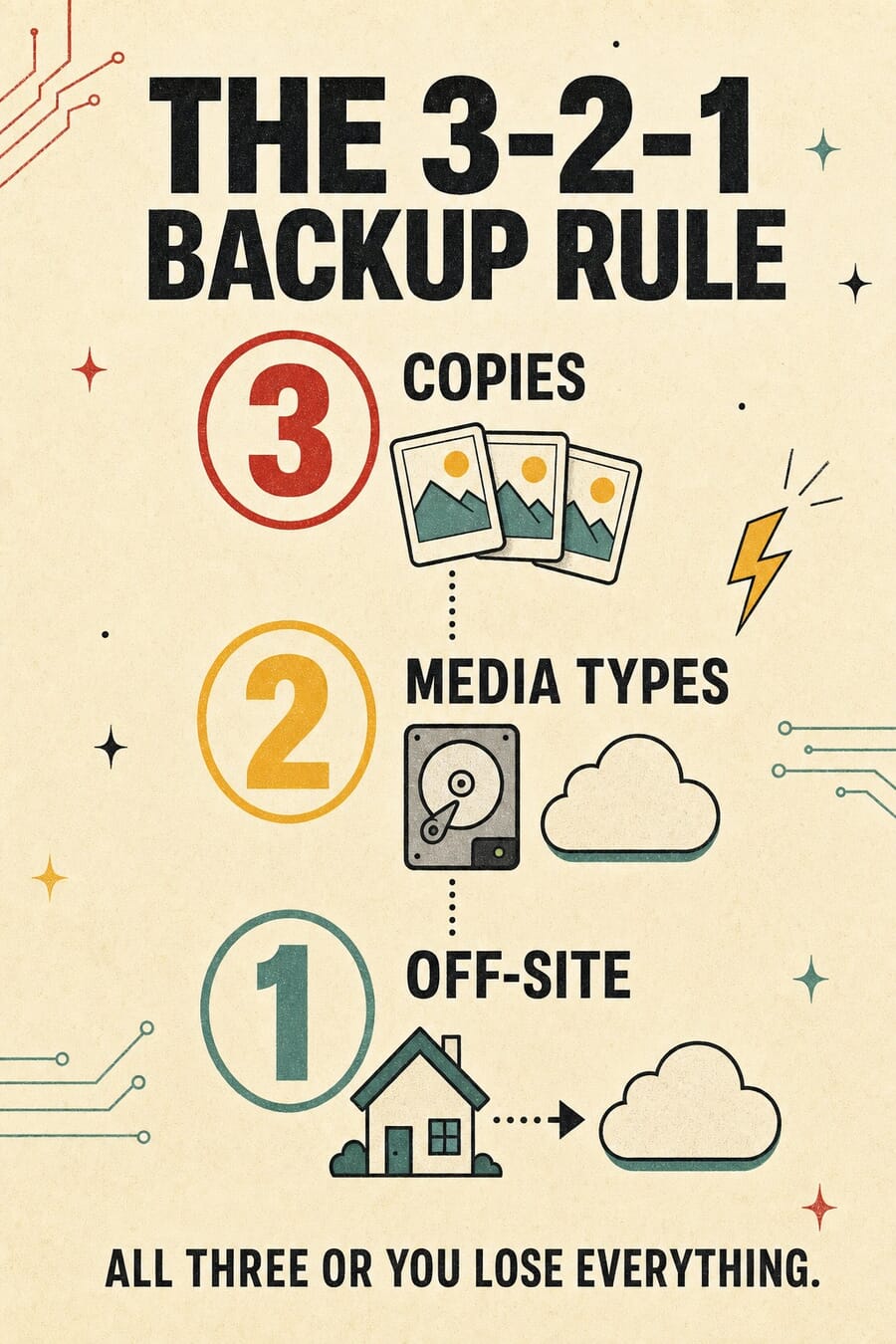 Vertical infographic of the 3-2-1 backup rule — 3 copies, 2 media types, 1 off-site