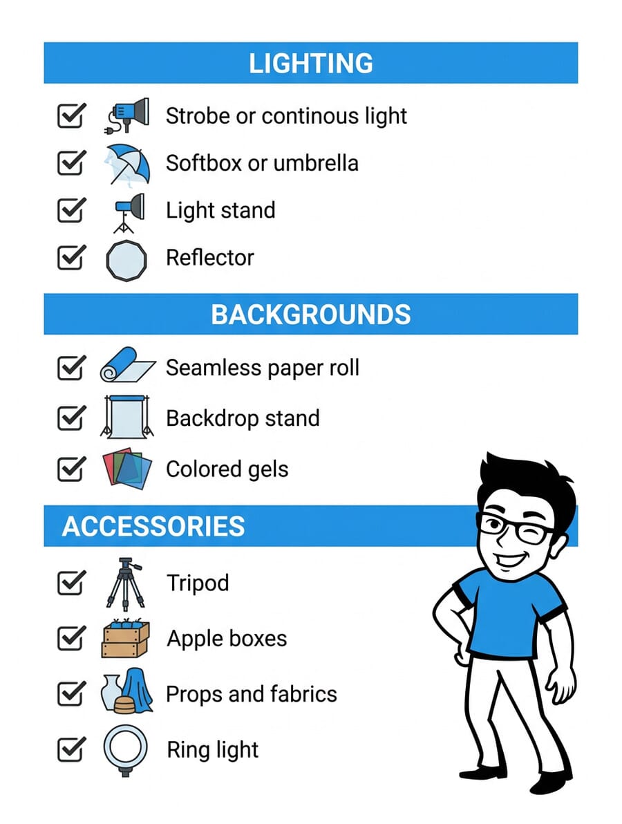 Studio photography equipment essentials checklist infographic