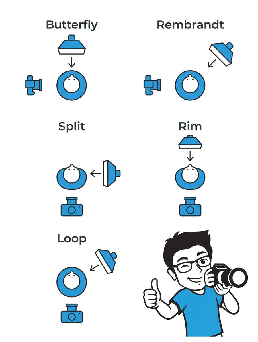 Five common studio portrait lighting positions diagram showing butterfly, Rembrandt, split, rim, and loop lighting