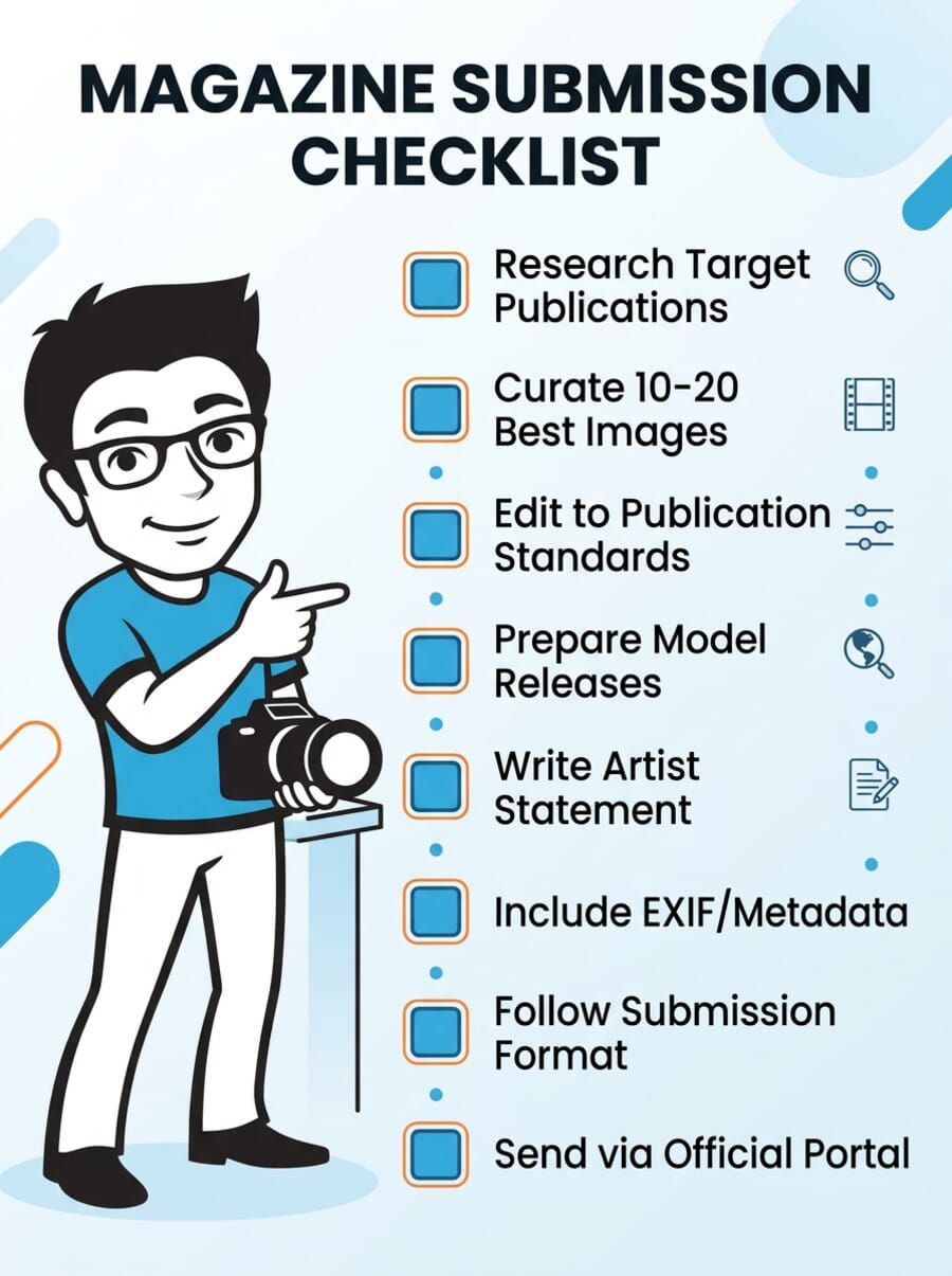 Infographic showing a magazine submission checklist for photographers