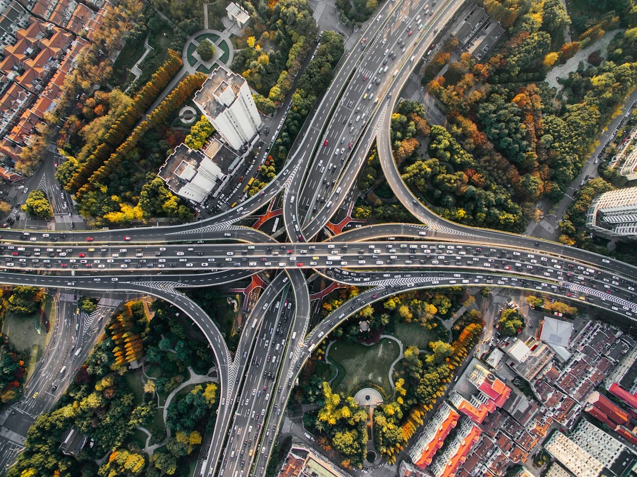 Aerial view of a complex highway interchange in Shanghai — an example of creative perspective in photography submissions