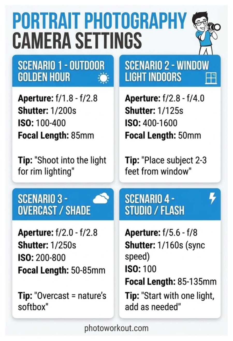 Portrait photography camera settings infographic showing recommended settings for golden hour, window light, overcast, and studio scenarios