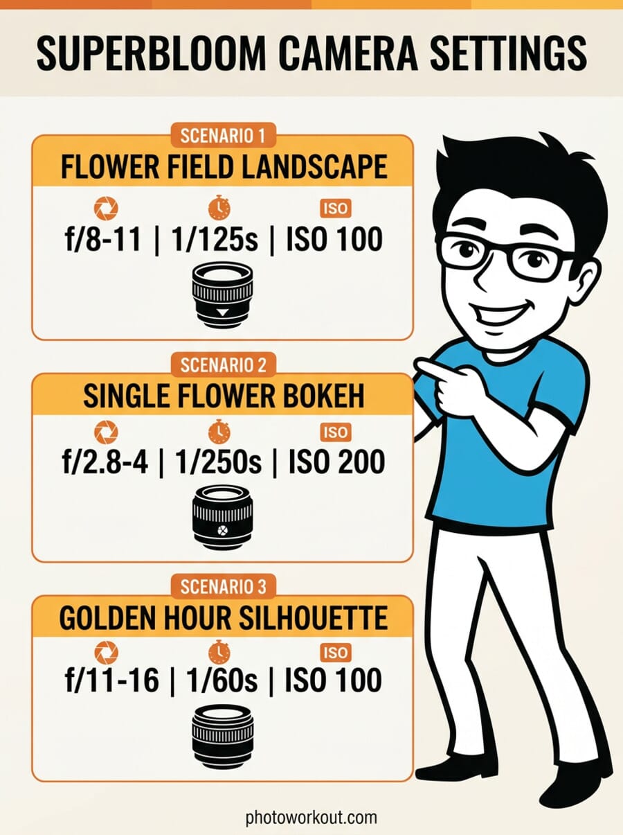 Superbloom photography camera settings cheat sheet showing aperture, shutter speed, and ISO for different wildflower shots
