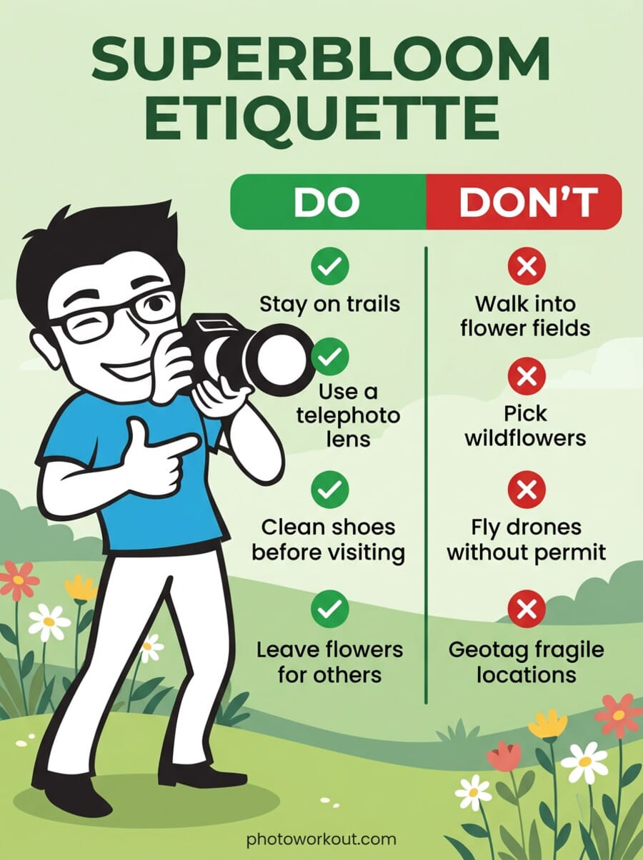Superbloom etiquette infographic showing do's and don'ts for wildflower photography