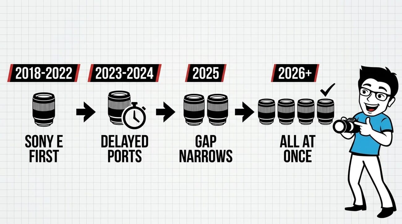 Infographic showing Tamron's mount strategy evolution from Sony E-mount first launches in 2018-2022, to delayed ports in 2023-2024, narrowing gaps in 2025, and simultaneous multi-mount launches in 2026 and beyond