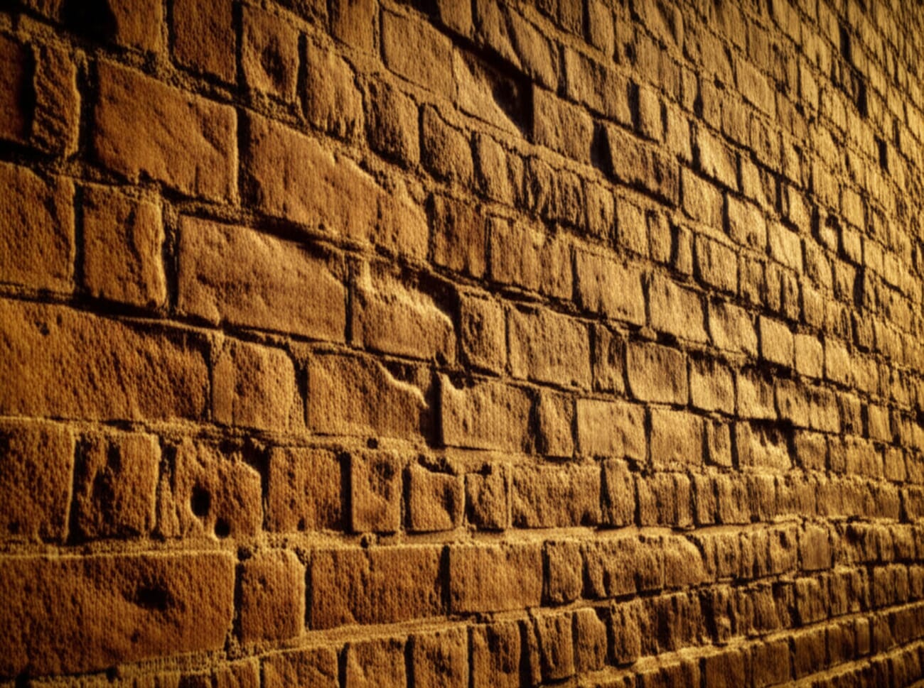 Weathered brick wall lit by warm golden-hour sidelight showing deep shadows in mortar lines