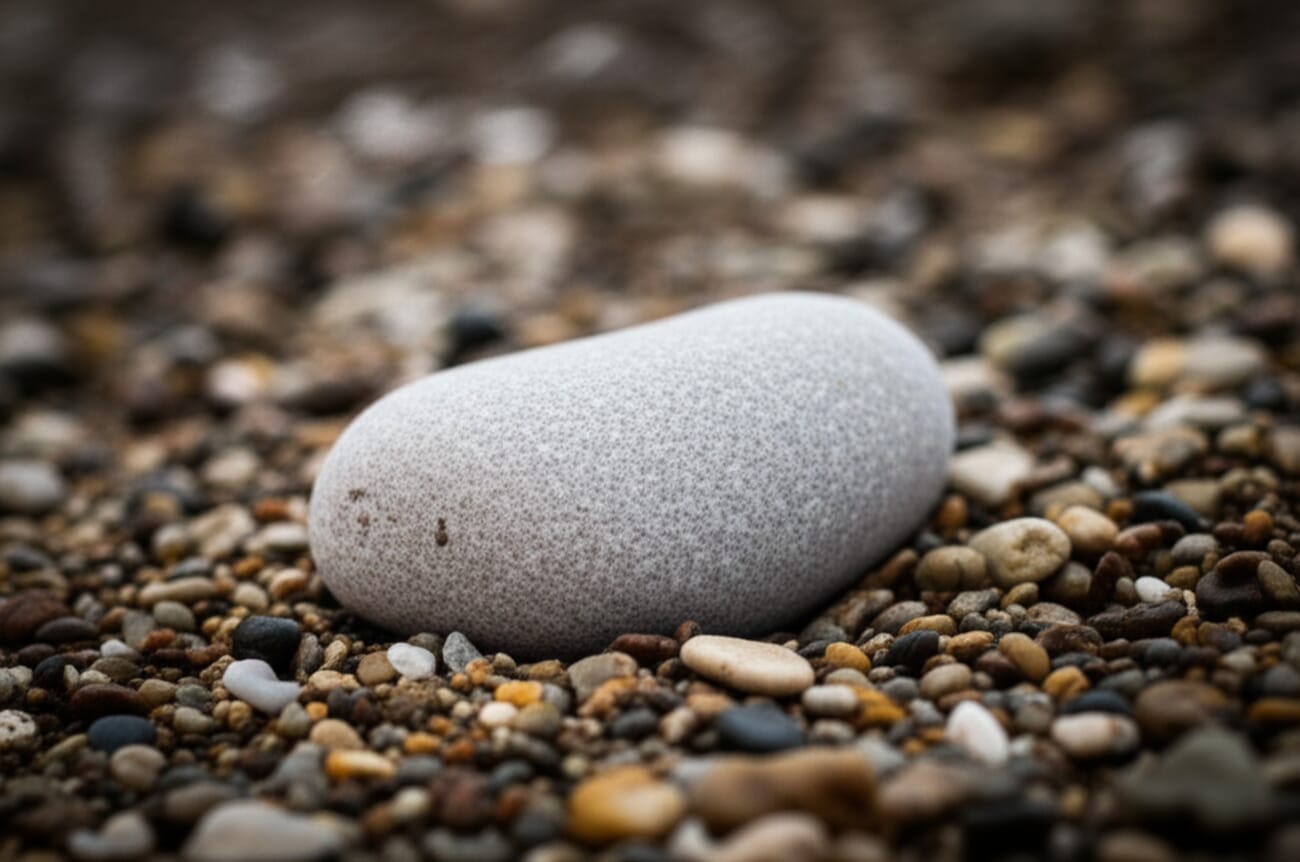 Smooth river stone sitting on rough gravel beach with shallow depth of field
