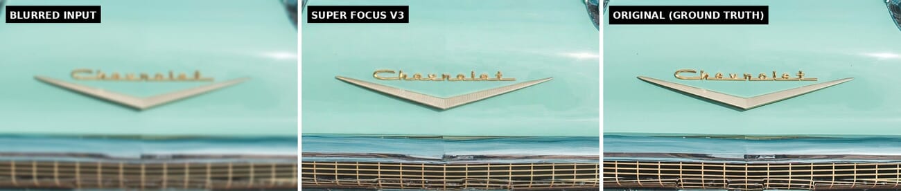 Three-panel comparison of the Chevrolet hood emblem: blurred input, Super Focus V3 reconstruction with garbled script, and the sharp original