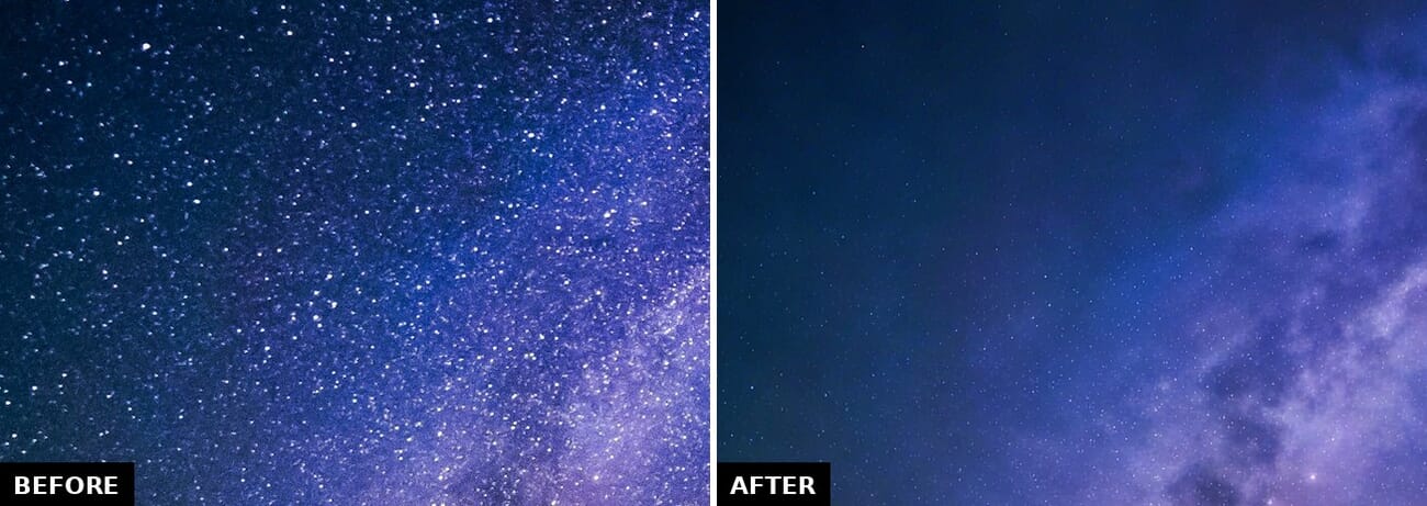 Zoomed detail of the denoised night sky showing faint stars removed along with the noise
