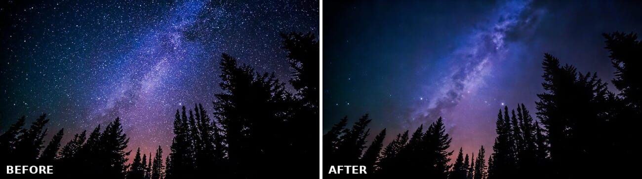 Before and after of an ISO 25600 Milky Way photo processed with Topaz Denoise Max via the API