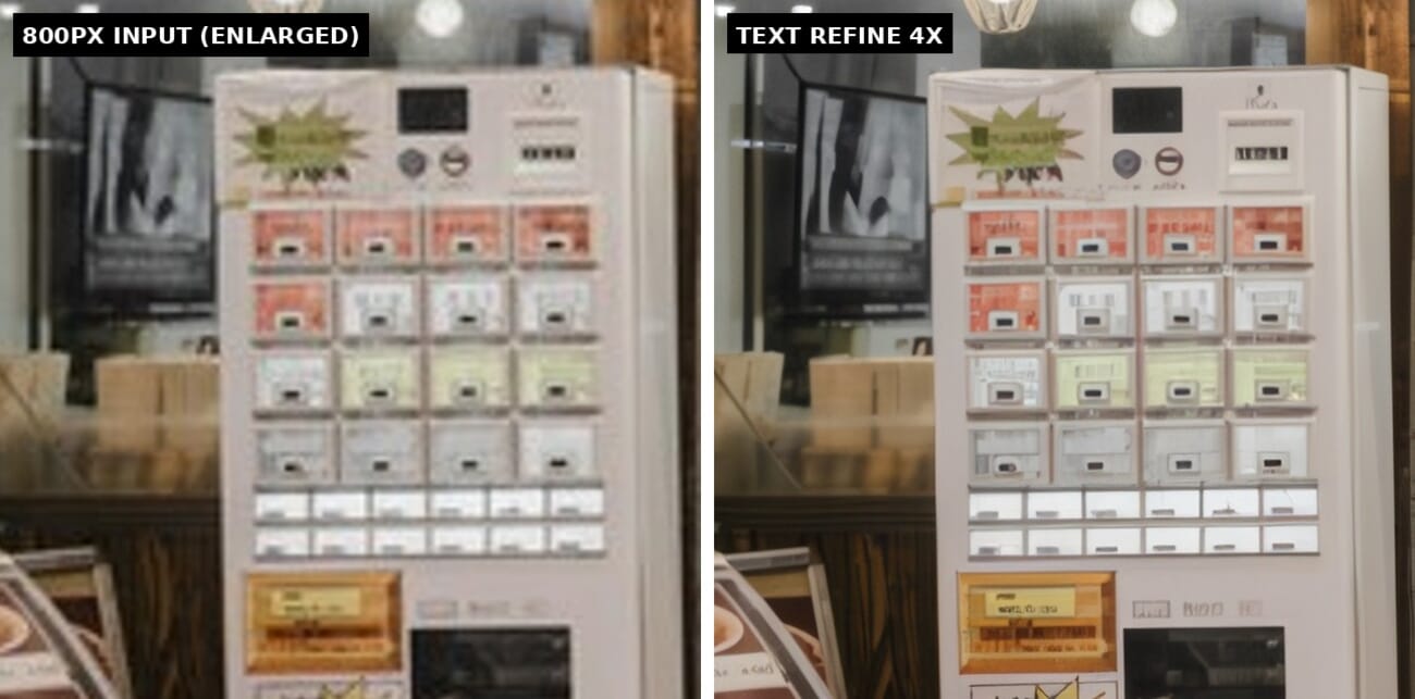 Two-panel comparison of a ticket vending machine: enlarged 800px input and Text Refine 4x output where tiny button labels remain unreadable