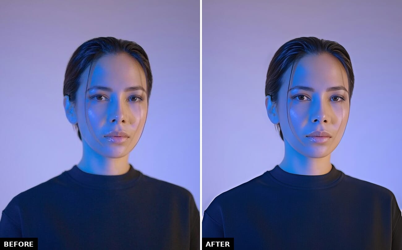 Before and after of a 400px portrait recovered to 1600px with Topaz Recovery V2 and face enhancement