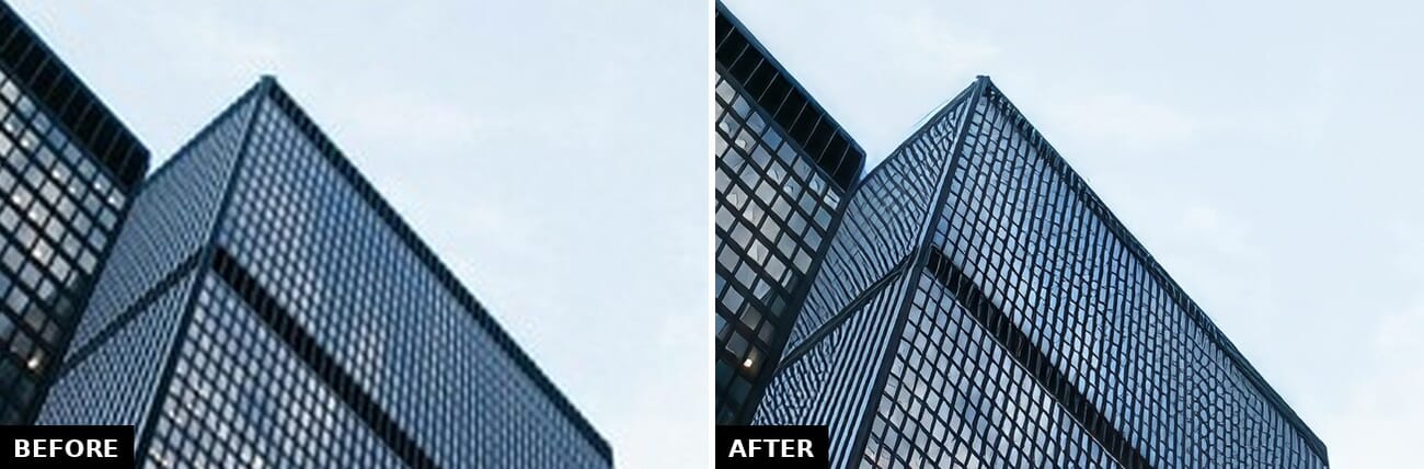 Zoomed detail of a skyscraper photo upscaled 4x with Topaz Gigapixel Standard V2 showing recovered window grids