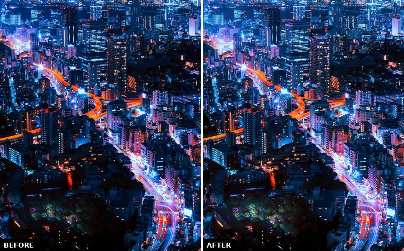 Before and after of a Tokyo night cityscape processed with Topaz Adjust Lighting 2
