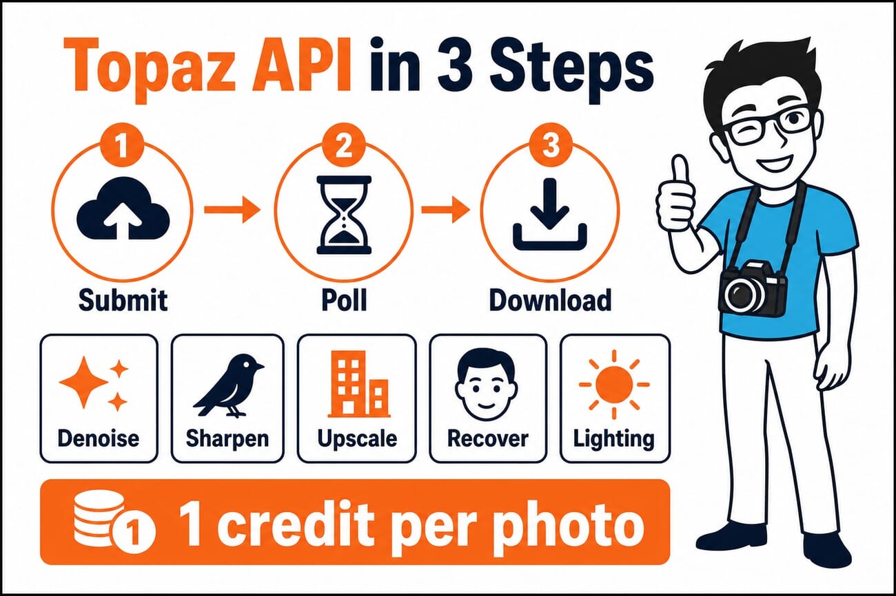 Infographic: the Topaz API three-step workflow (submit, poll, download), the five models tested, and the one credit per photo cost