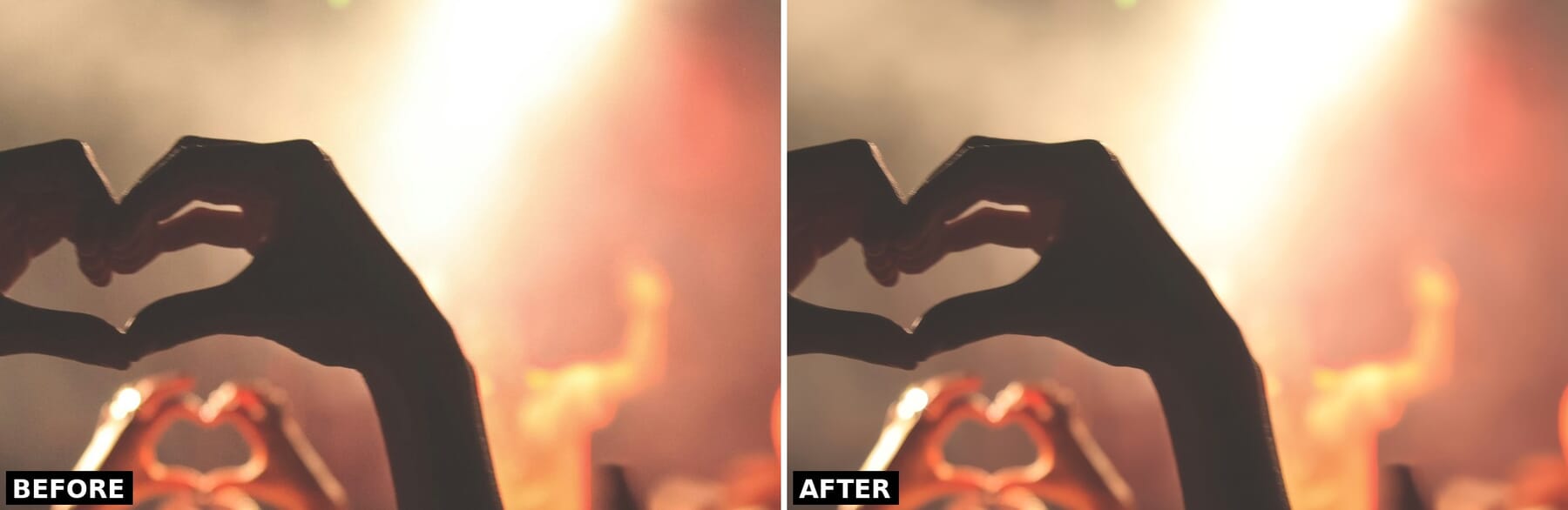 Topaz Photo AI denoise on a backlit ISO 2000 concert photo, 100% before/after crop
