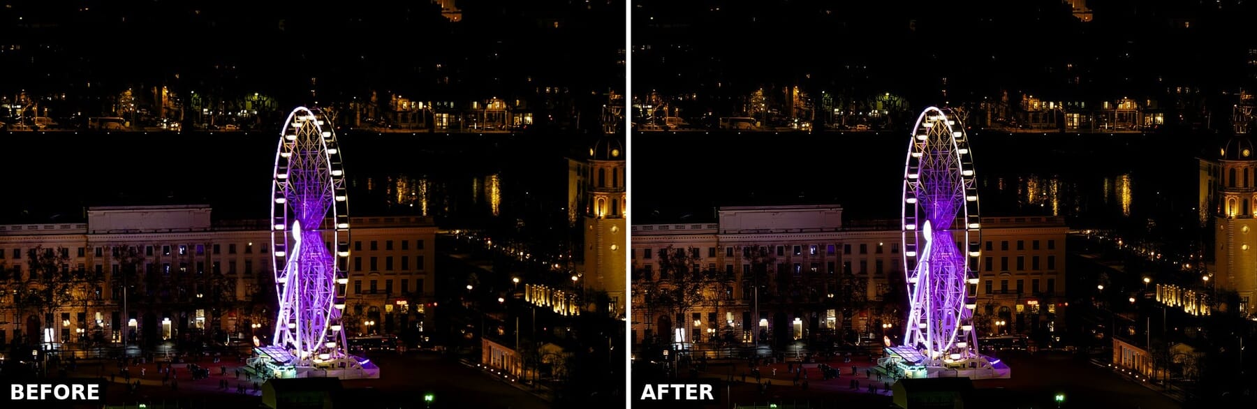 Topaz Photo AI denoise on an ISO 1600 night cityscape, 100% before/after crop