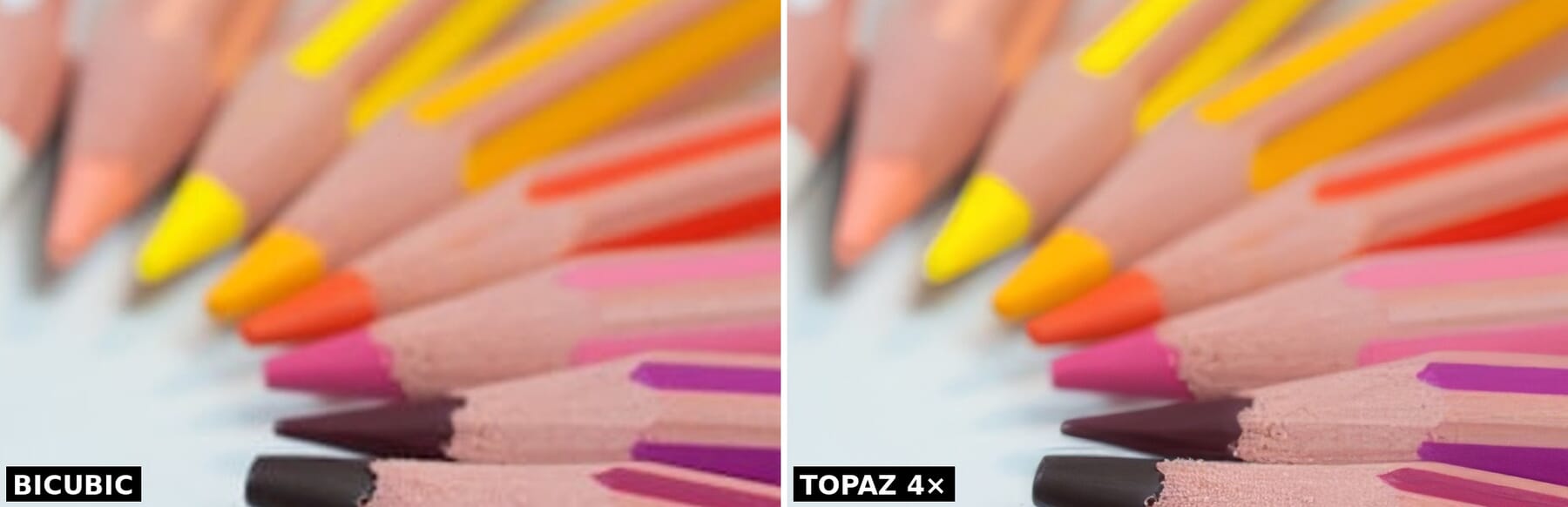 Topaz Photo AI 4x upscale versus bicubic, 100% before/after crop of colored pencils