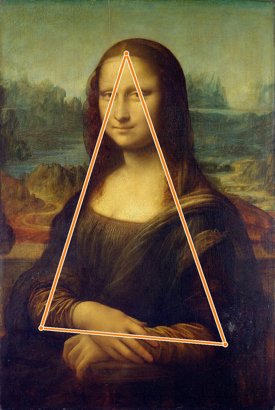 The Mona Lisa with an overlay showing Leonardo's pyramidal triangle composition from her head to her folded hands