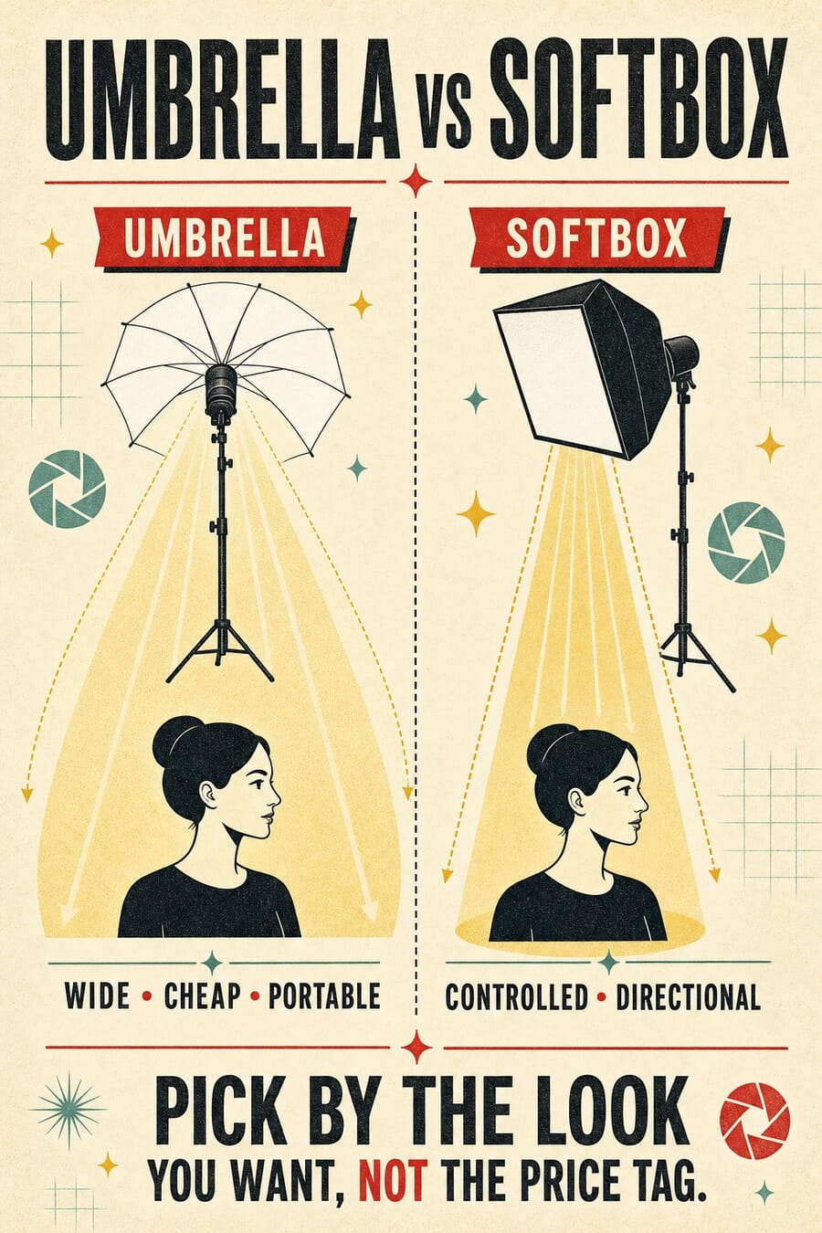 Vertical comparison of umbrella vs softbox lighting — wide vs controlled, cheap vs directional