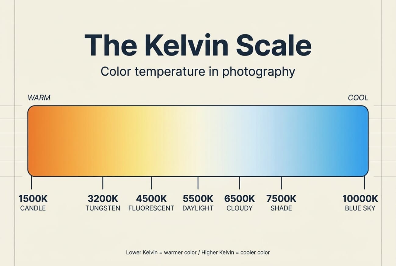 Kelvin scale color temperature infographic showing warm orange at 1500K through cream white at 5500K daylight to cool blue at 10000K