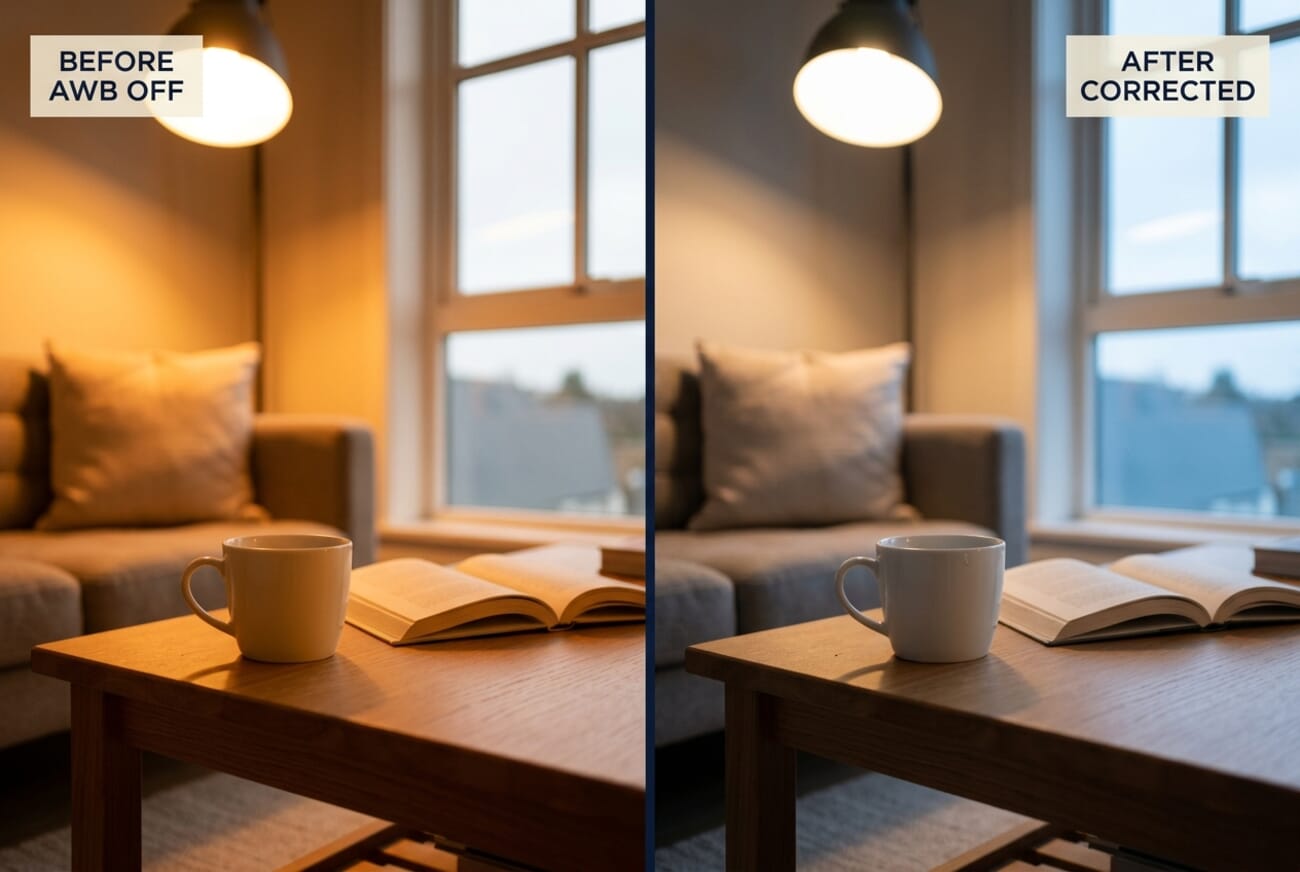 Before and after comparison of same indoor scene showing warm tungsten color cast on the left and corrected neutral white balance on the right