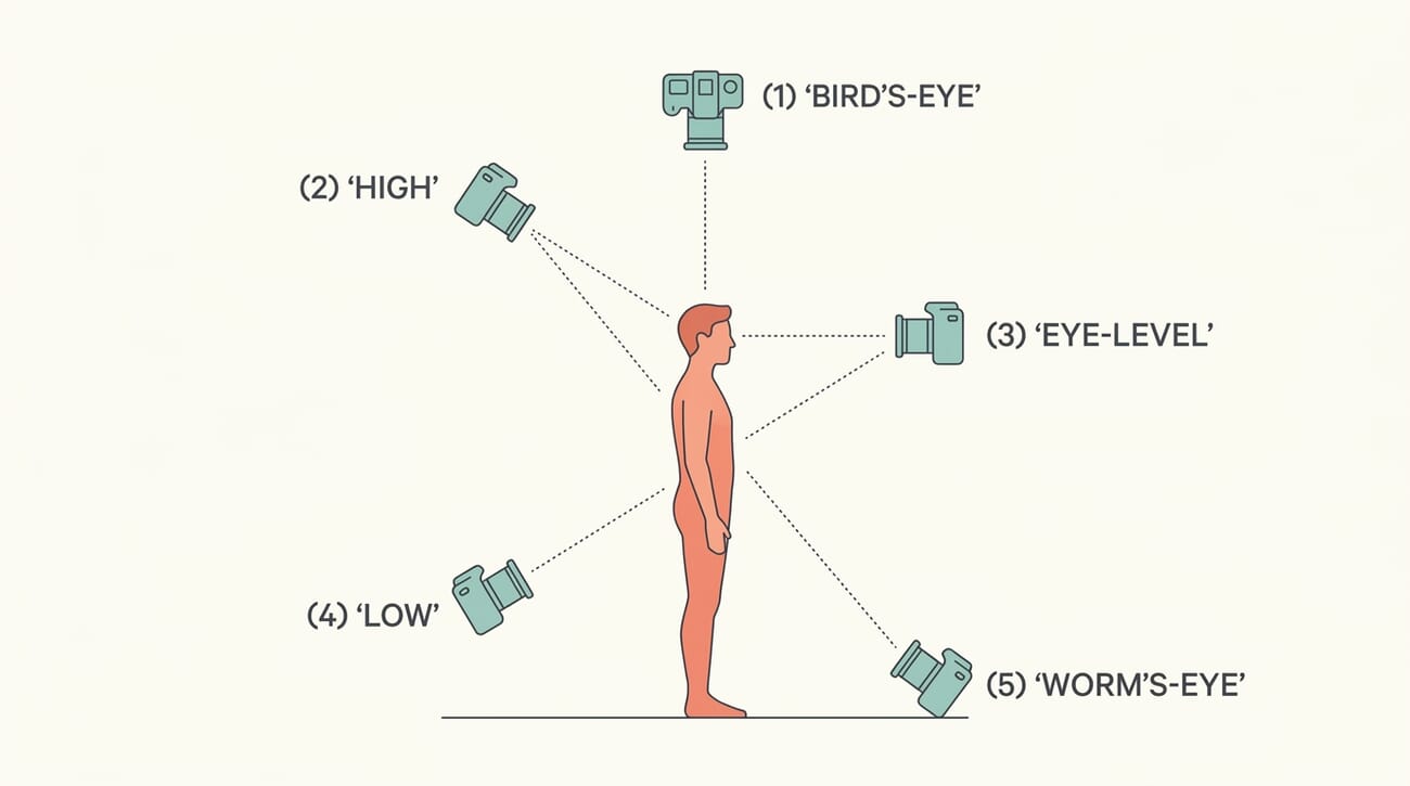 Diagram of the 5 vantage points in photography — bird's-eye, high, eye-level, low, and worm's-eye — shown relative to a standing human subject.