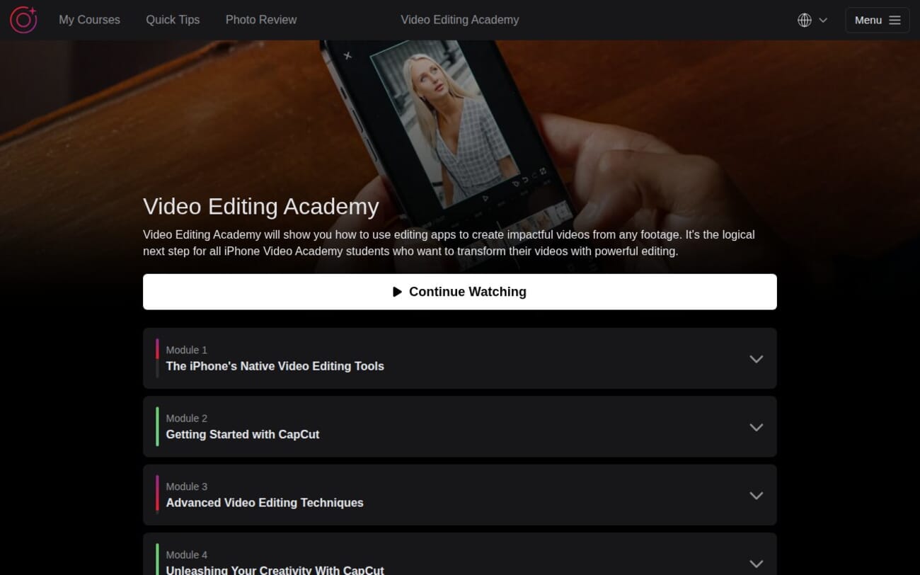 Video Editing Academy course overview on iPhone Photography School platform