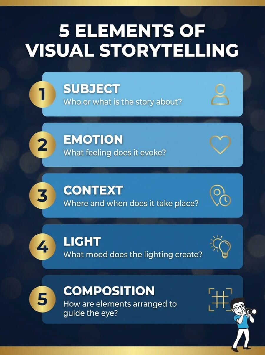 Infographic showing the five elements of visual storytelling: subject, emotion, context, light, and composition