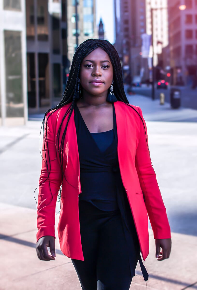 Urban portrait photography woman in red