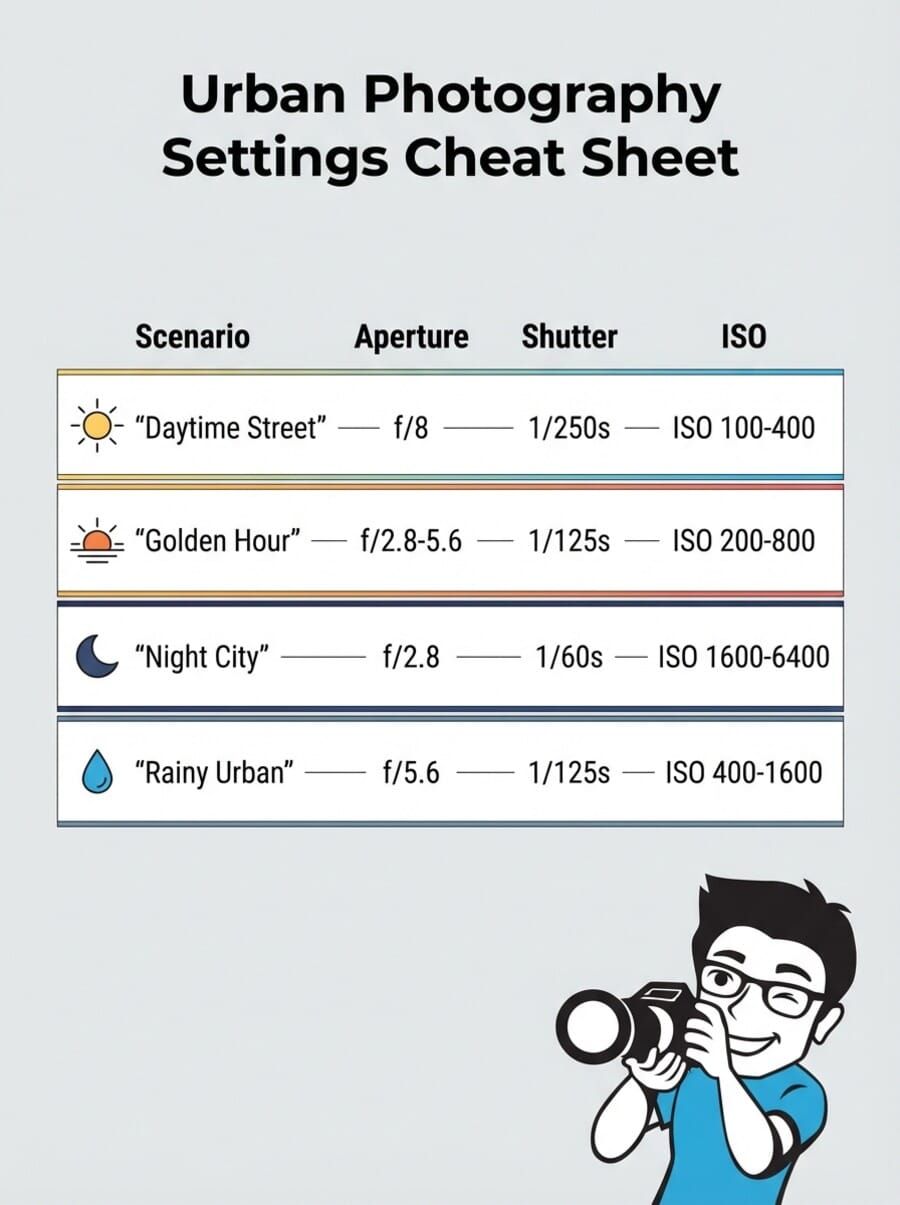 Urban photography camera settings cheat sheet showing recommended aperture, shutter speed, and ISO for daytime, golden hour, night, and rain scenarios