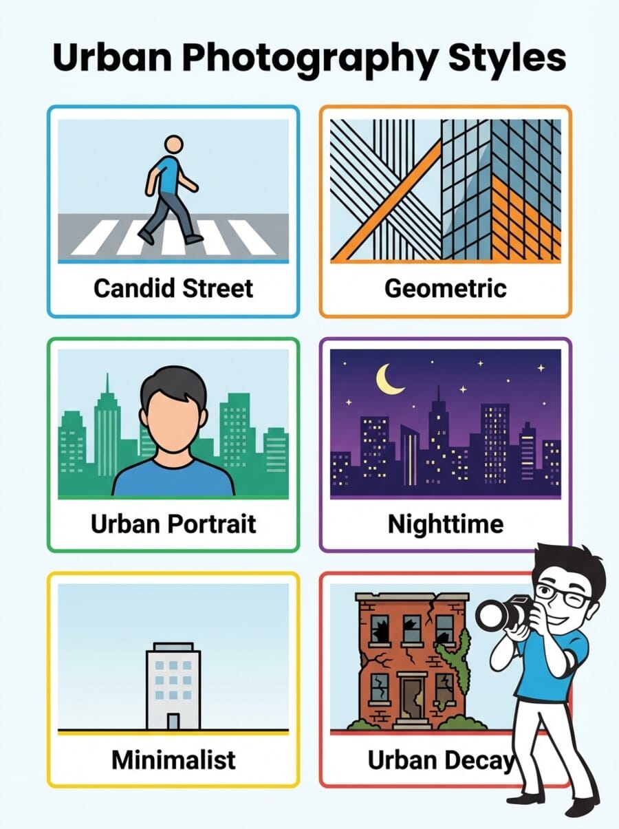 Infographic showing six urban photography styles: candid street, geometric, urban portrait, nighttime, minimalist, and urban decay